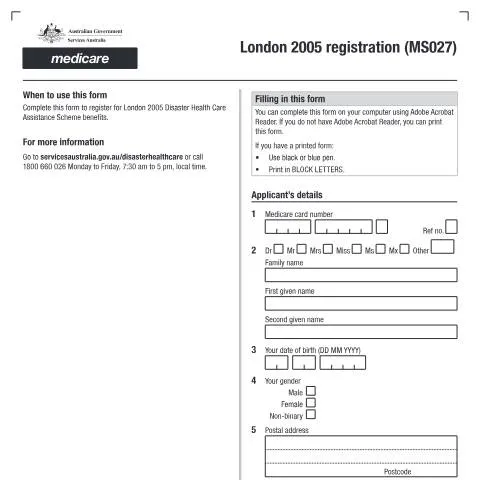 Document preview: Essential Guide to the London 2005 Registration Form MS027 — Government & admin (CERFA n°MS027)