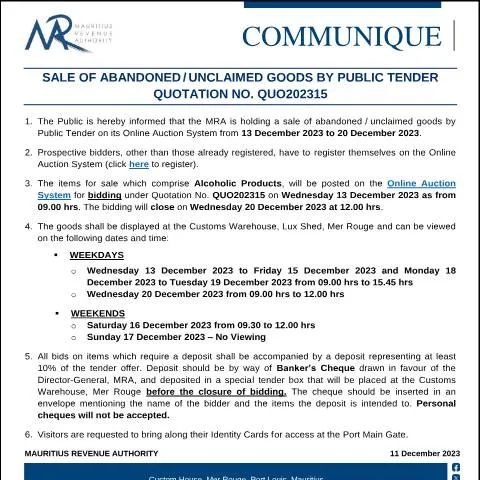 Document preview: Mauritius Public Tender for Sale of Abandoned and Unclaimed Goods — Government & admin (CommuniqueQuo202315)