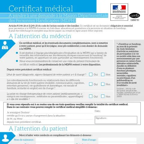 Aperçu du document Formulaire 15695*01 : tout savoir sur le certificat médical MDPH — Santé (CERFA n°15695*01)