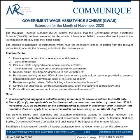 Document preview: Government Wage Assistance Scheme Extension for November 2020 — Work & employment (CERFA n°CommuniqueGWAS271120)
