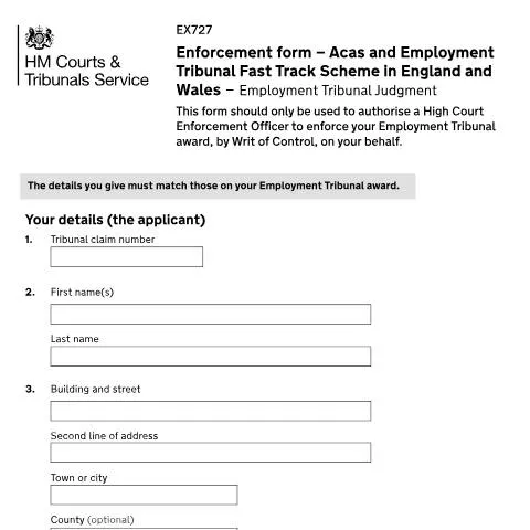 Document preview: How to Enforce Employment Tribunal Awards Using Form EX727 — Legal & justice
