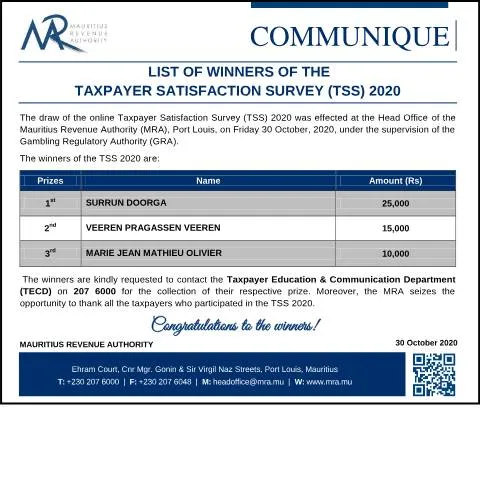 Document preview: Taxpayer Satisfaction Survey 2020 Winners Announcement — Government & admin (CERFA n°CommuniqueTSS2020)