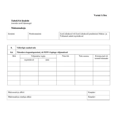 Document preview: Tabeli lisa 8.6 lisaleht: Oluline maksudokument — Maksud ja maksustamine (CERFA n°VORM A TABEL 8.6 LISALEHT)