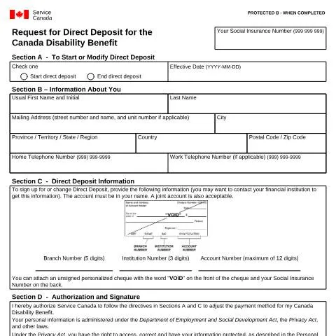 Document preview: Streamline Your Canada Disability Benefit Payments with Direct Deposit — Benefits & social aid (CERFA n°CDB0001)