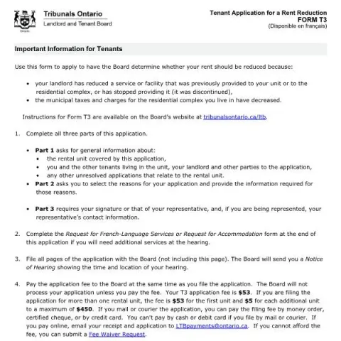 Document preview: Guide to Filing a Rent Reduction Application with Form T3 in Ontario (English / French) — Housing (FORM T3)