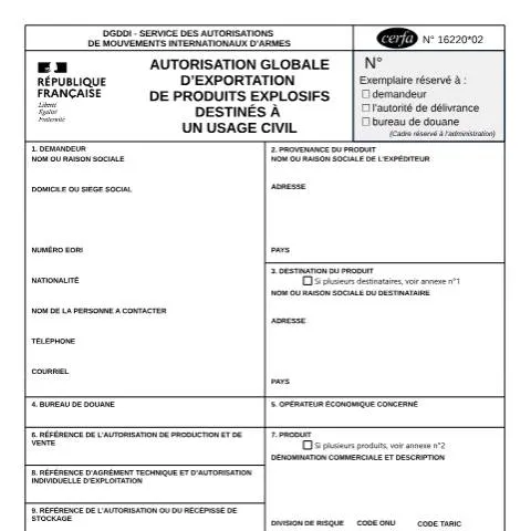 Aperçu du document Formulaire 16220*02 : demande d'autorisation d'exportation explosifs — Démarches administratives (CERFA n°16220*02)