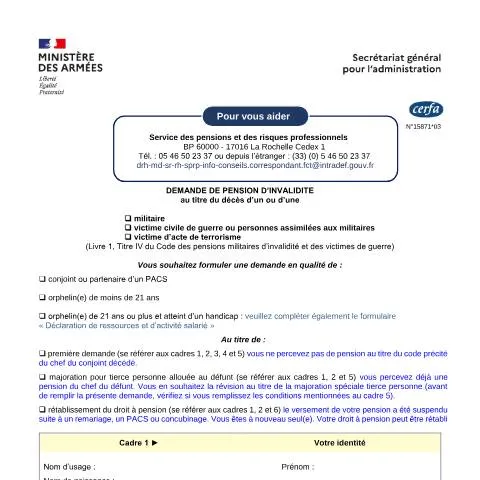 Aperçu du document Formulaire 15871*03 : obtenir une pension pour ayants droit — Santé (CERFA n°15871*03)