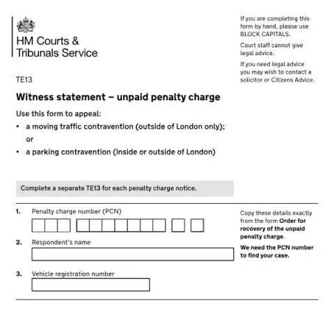 Document preview: Understanding the UK TE13 Witness Statement for Unpaid Penalty Charges — Government & admin (TE13)