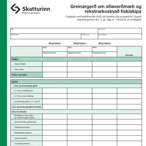 Document preview: Aflaverðmæti og rekstrarkostnaður fiskiskipa á Íslandi — Skattar & fjármál (CERFA n°RSK 4.29)