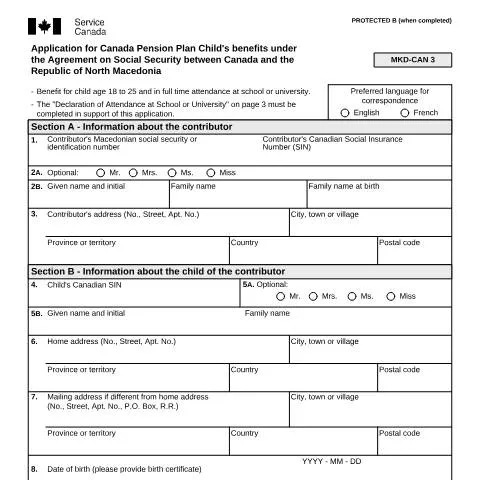 Document preview: Guide to Applying for CPP Child's Benefit under North Macedonia/Canada — Work & employment (CERFA n°ISP5055-MKD)