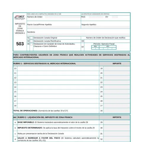 Vista previa del documento Formulario 503 para Impuesto en Zonas Francas en Paraguay — Impuestos (CERFA n°F503)