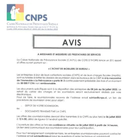 Aperçu du document Processus d'achat de mobiliers de bureau à la CNPS — Démarches administratives