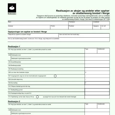 Document preview: Skjema RF-1314 for aksjerealisering etter skatteopphør — Skatt & avgifter (CERFA n°RF-1314)