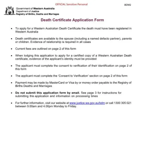 Document preview: How to Apply for a Death Certificate in Western Australia — Civil status & identity (BDM2)