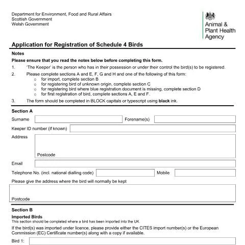 Document preview: UK Schedule 4 Bird Registration: Wildlife Protection Requirements — Government & admin