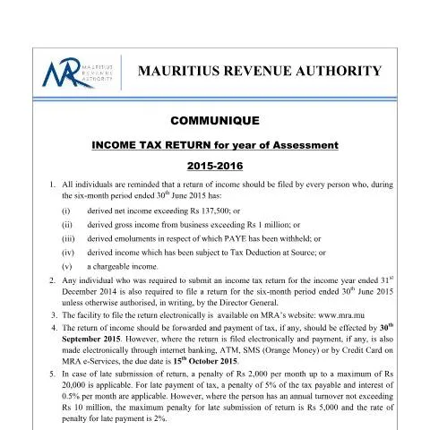 Document preview: Comprehensive Guide to E-Filing Obligations in Mauritius — Taxes (Obligations210915)