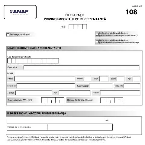 Document preview: Importanța declarației de impozit pe reprezentanță în România — Impozite & fiscalitate (CERFA n°108_OPANAF_3391_2017)