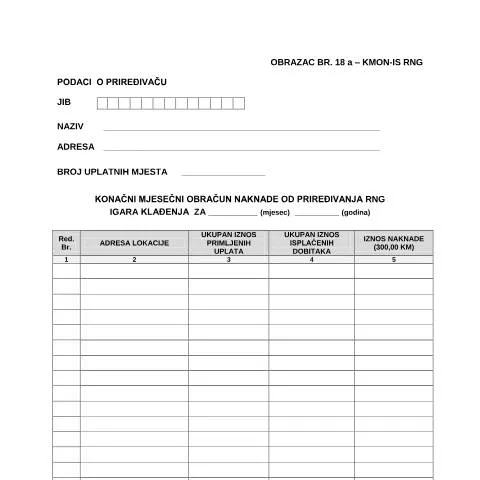 Document preview: Značaj Konačnog Mjesečnog Obračuna za RNG Igre Klađenja — Administrativne procedure (CERFA n°KMON-IS RNG)