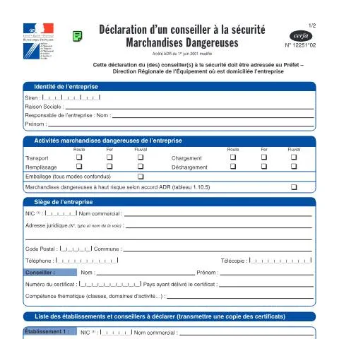 Aperçu du document Comment déclarer votre conseiller à la sécurité transport ADR — Démarches administratives (CERFA n°12251*02)