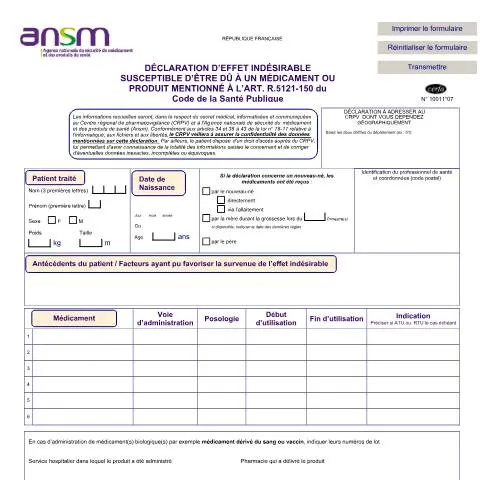 Aperçu du document Comment signaler un effet indésirable de médicament en France — Santé (CERFA n°10011*07)