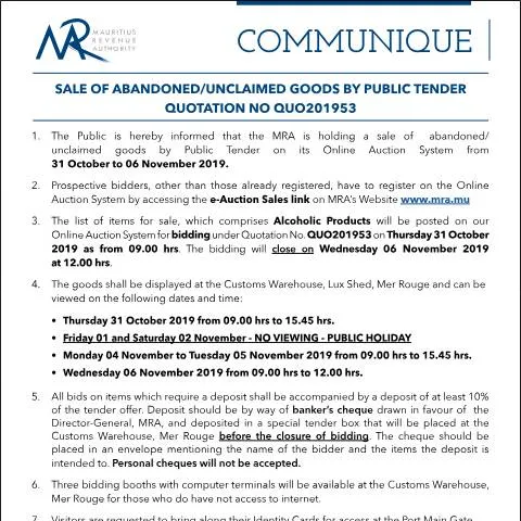 Document preview: Official Notice on Sale of Abandoned and Unclaimed Goods in Mauritius — Government & admin (Communique53of2019)