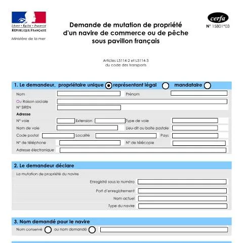 Aperçu du document Changement de propriétaire d'un navire sous pavillon français — Démarches administratives (CERFA n°15801*03)