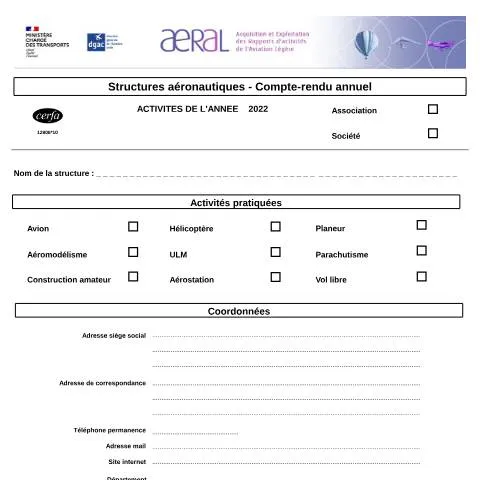 Aperçu du document Obligation AERAL : tout savoir sur le compte-rendu annuel aéronautique — Démarches administratives (CERFA n°12806*10)