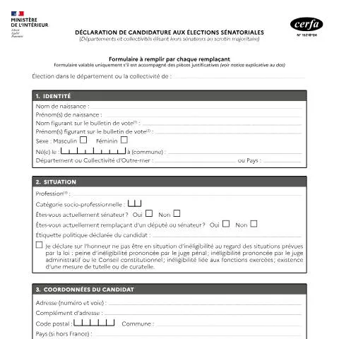 Aperçu du document Suppléance sénatoriale : procédure de déclaration des remplaçants — Démarches administratives (CERFA n°15218*03)