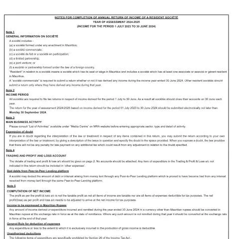 Document preview: Understanding the 2024/2025 Income Return for Resident Sociétés — Government & admin (NotesIT06-2024)