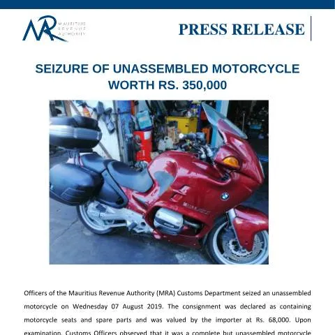 Document preview: Understanding the Seizure of an Unassembled Motorcycle in Mauritius — Government & admin (SeizureofunassembledmotorcycleworthRs350000)