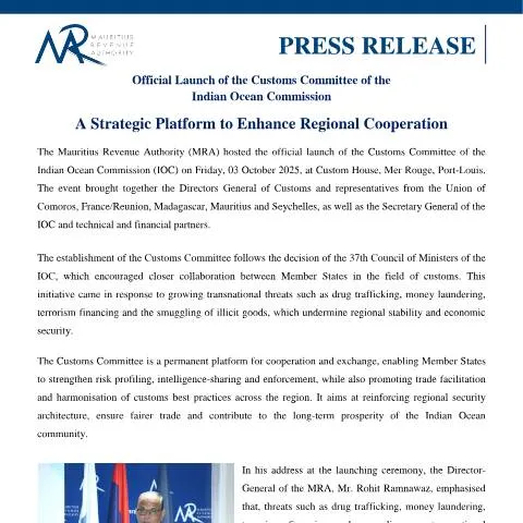 Document preview: Customs Committee of the Indian Ocean Commission Officially Launched — Government & admin (PressRelease031025)