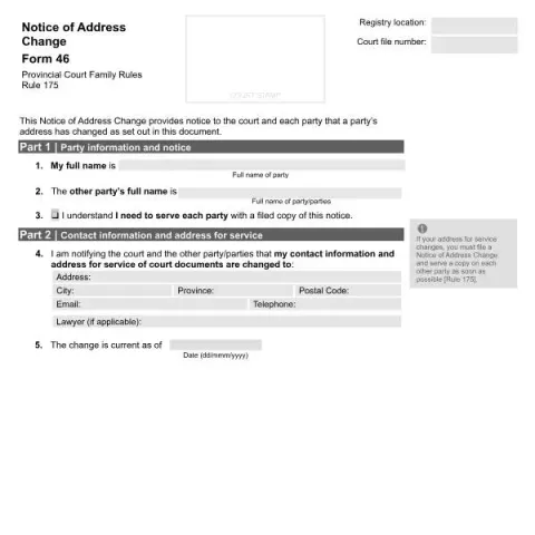 Document preview: Understanding the Notice of Address Change in Provincial Court Family — Legal & justice (PFA 763)