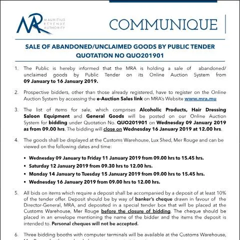 Document preview: Explore the Auction of Abandoned Goods in Mauritius — Government & admin (CERFA n°Communique01of2019)