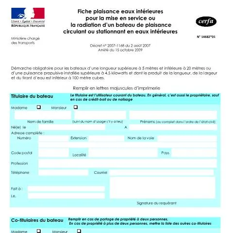 Aperçu du document Déclaration administrative pour bateaux de plaisance fluviale — Véhicule & permis (CERFA n°14682*01)