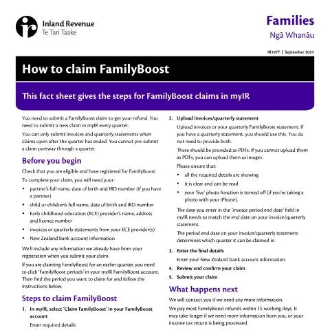 Document preview: Your Guide to Claiming FamilyBoost in myIR — Government & admin (CERFA n°IR1077)