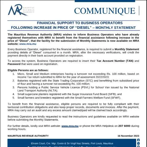 Document preview: Navigating Financial Support for Diesel Price Increases — Taxes (CERFA n°DieselMonthlyStmt161123)