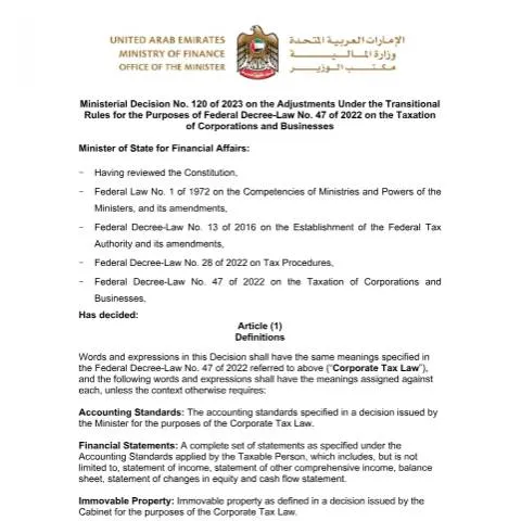 Document preview: UAE Tax Transition Regulations: Ministerial Decision No 120 of 2023 — Taxes (CERFA n°Ministerial Decision No (120) of 2023)