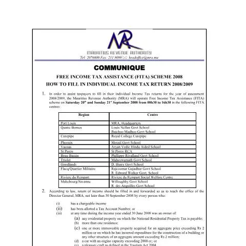 Document preview: Mauritius Launches Free Income Tax Assistance Scheme 2008 — Taxes (CommuniqueFITA_150908)