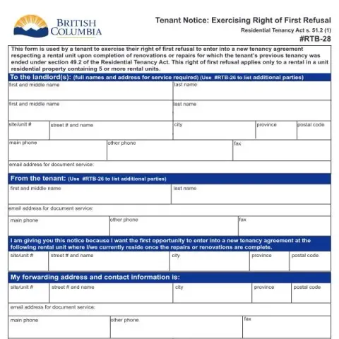 Document preview: Tenant Notice to Exercise Right of First Refusal After Renovations — Housing (RTB-28)