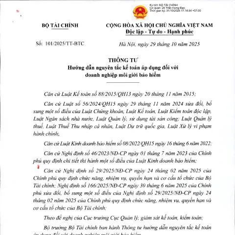 Document preview: Thông tư 101/2025/TT-BTC: Nguyên tắc kế toán cho doanh nghiệp bảo hiểm — Doanh nghiệp & chuyên nghiệp (CERFA n°101/2025/TT-BTC)