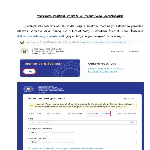 Document preview: İnternet Vergi İdarəsinə Şəxsiyyət Vəsiqəsi ilə Daxil Olma — Vergilər & maliyyə