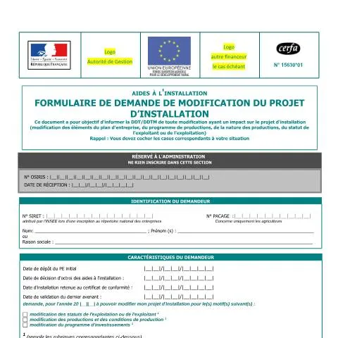 Aperçu du document Comment modifier sa demande d'aide à l'installation en cours — Démarches administratives (CERFA n°15630*01)