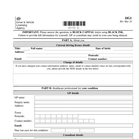 Document preview: DVLA DG1 Medical Declaration: When Health Conditions Affect Driving — Health