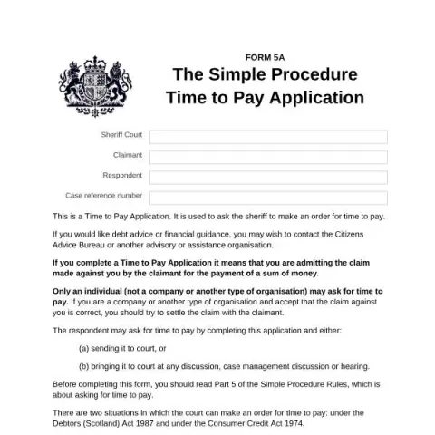 Document preview: Understanding the Time to Pay Application (Form 5A) in Scottish Courts — Legal & justice (Form 5A)