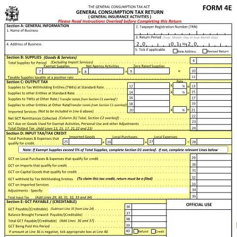 Document preview: Guide to the GCT Return Form 4E for Insurance in Jamaica — Government & admin (CERFA n°4e_rev_07072016)