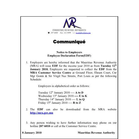 Document preview: Mauritius 2010 Employee Declaration Form Guidelines for Employers — Taxes (CommuniqueEDF2010)