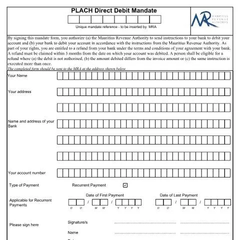 Document preview: Effortless Tax Payments with PLACH Direct Debit Mandate — Government & admin (DirectDebitApplicationForm)