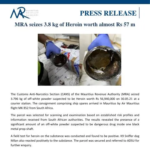 Document preview: MRA's Major Heroin Seizure Highlights Drug Trafficking Issues — Government & admin (PressRelease010621)