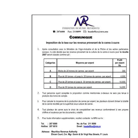 Document preview: Understanding Sugarcane Taxation Regulations in Mauritius — Taxes (CERFA n°SugarcaneTaxationFrench_090908)