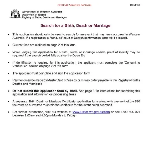 Document preview: Western Australia Vital Records Search Guide — Civil status & identity (BDM350)